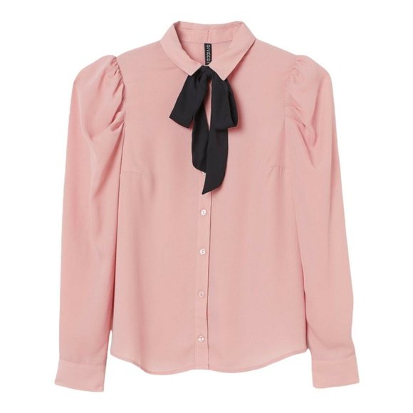 H&M Tops - New H&M Divided Women Pink XL Long Puff Sleeve Button Front Bow Tie Blouse Top